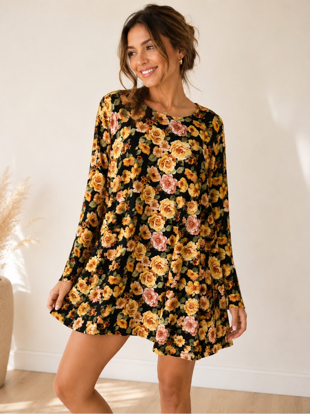 Forever 21 Black Floral Long Sleeve Swing Dress with Yellow Roses